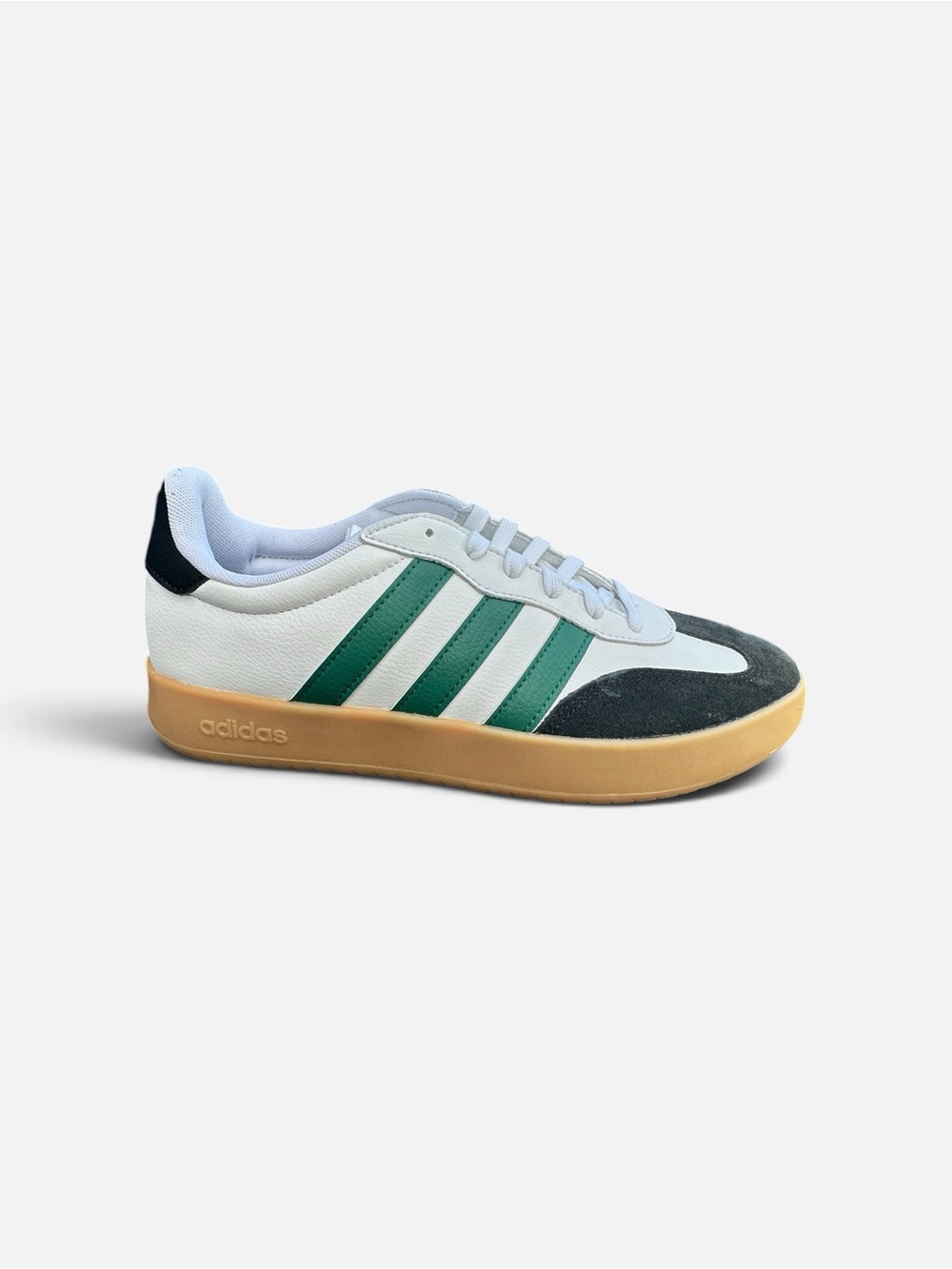 adidas White Sneakers with Green Stripes and Gum Sole
